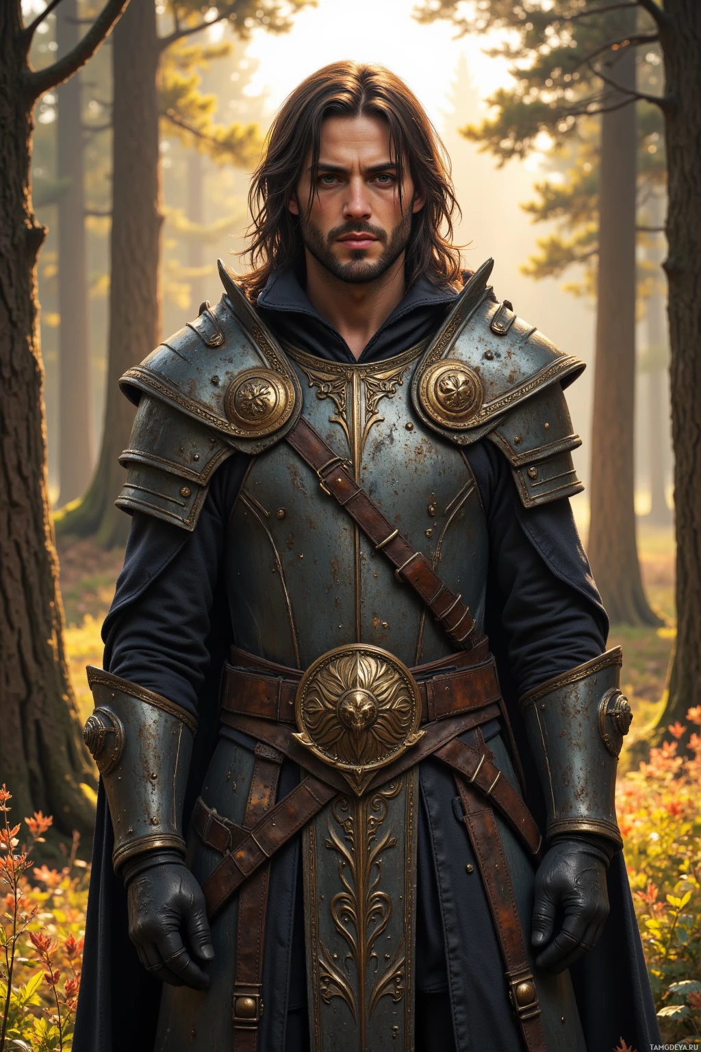 A person in ornate medieval armor stands amidst a forest setting.