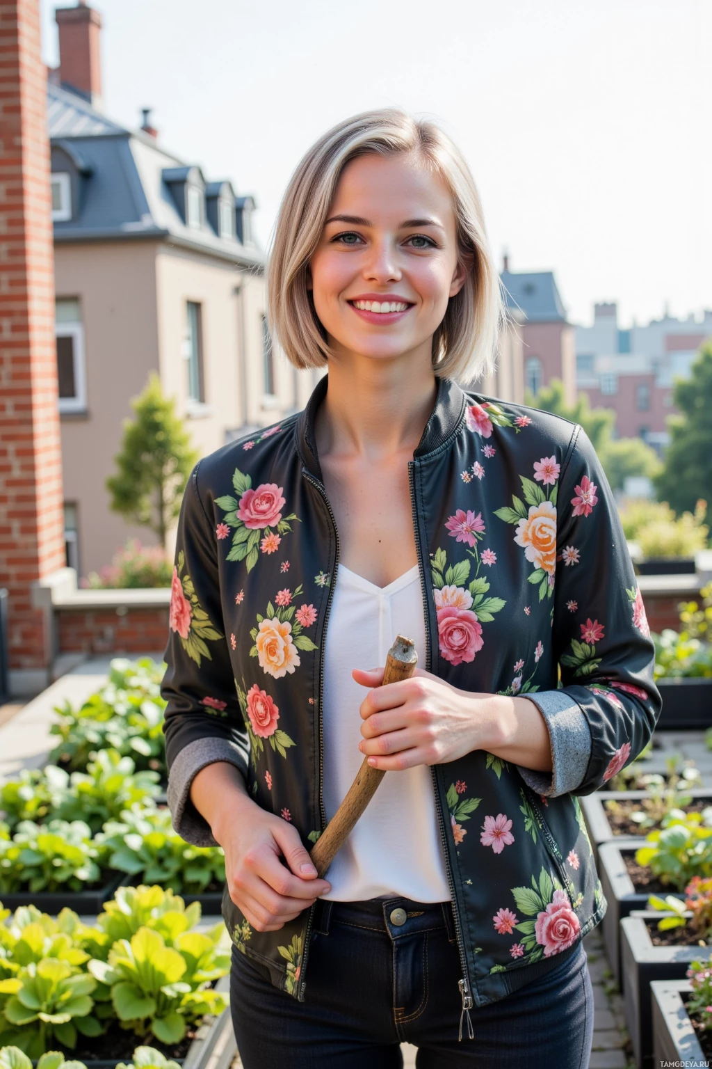 A person wearing a floral bomber jacket and holding a gardening tool stands in front of a garden bed with buildings in the background.