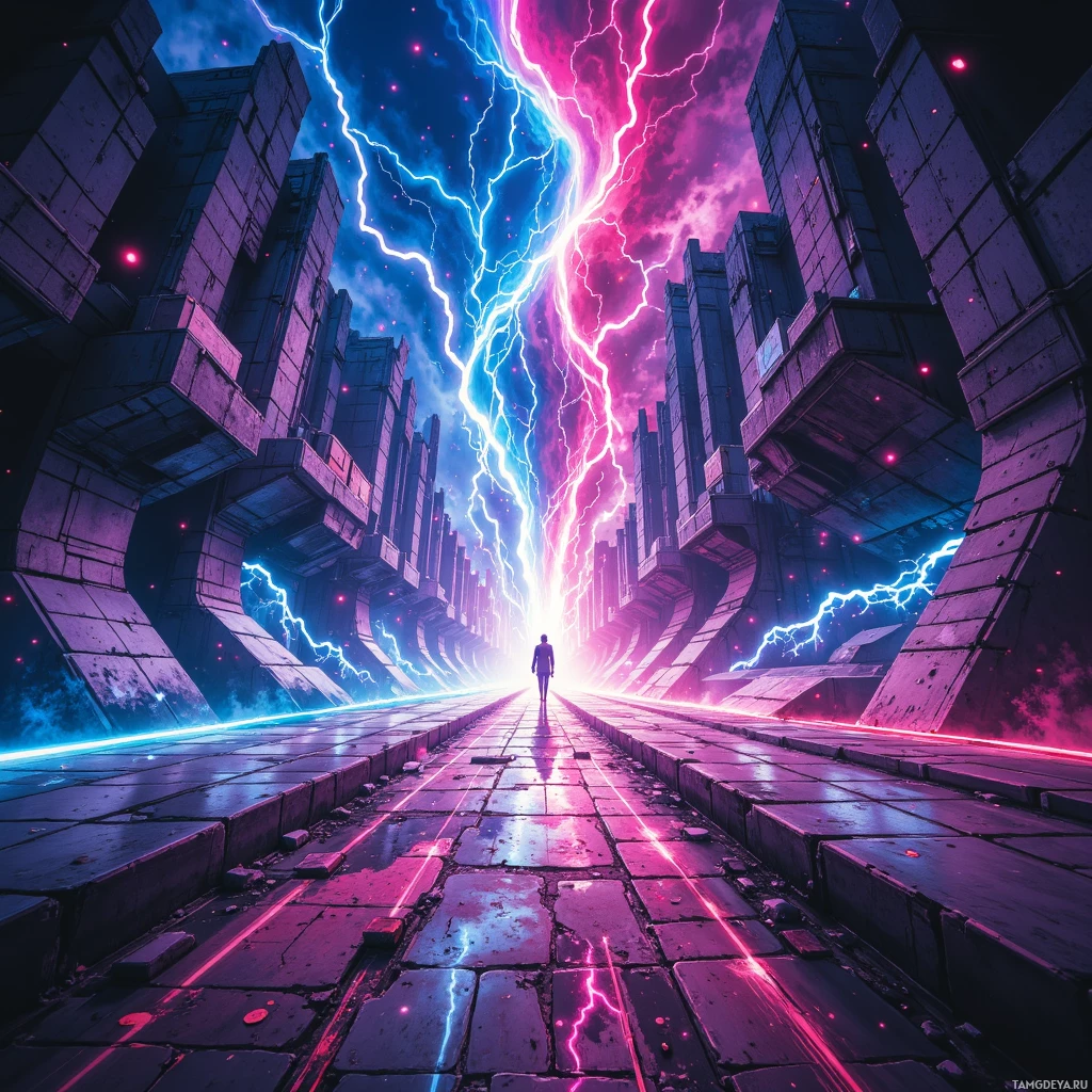 A lone figure walks down a cracked, neon-lit path flanked by towering, futuristic structures under a sky split by vibrant lightning.