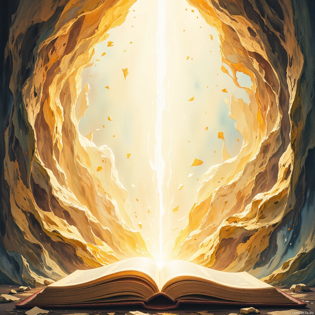 An open book with glowing light emanating from its pages, surrounded by rocky terrain.