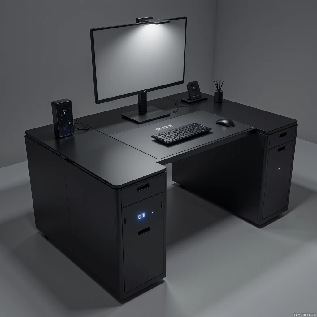 A modern black desk setup with a monitor, keyboard, mouse, and other accessories.