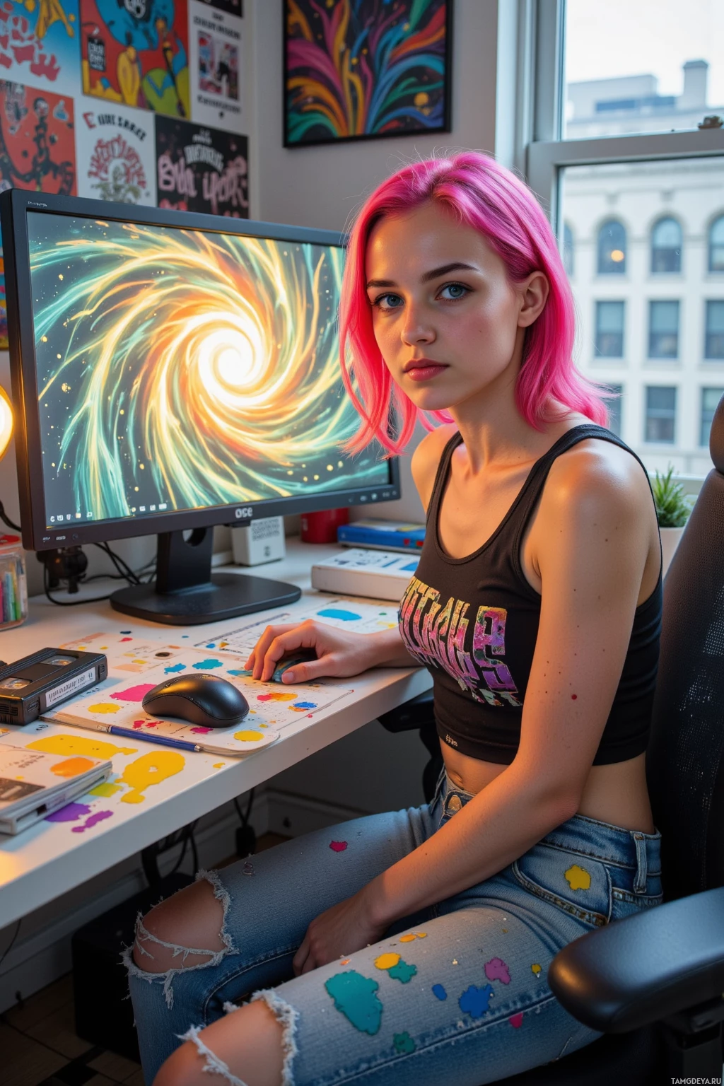 A person with pink hair sits at a desk with a computer, wearing a crop top and jeans with paint splatters.