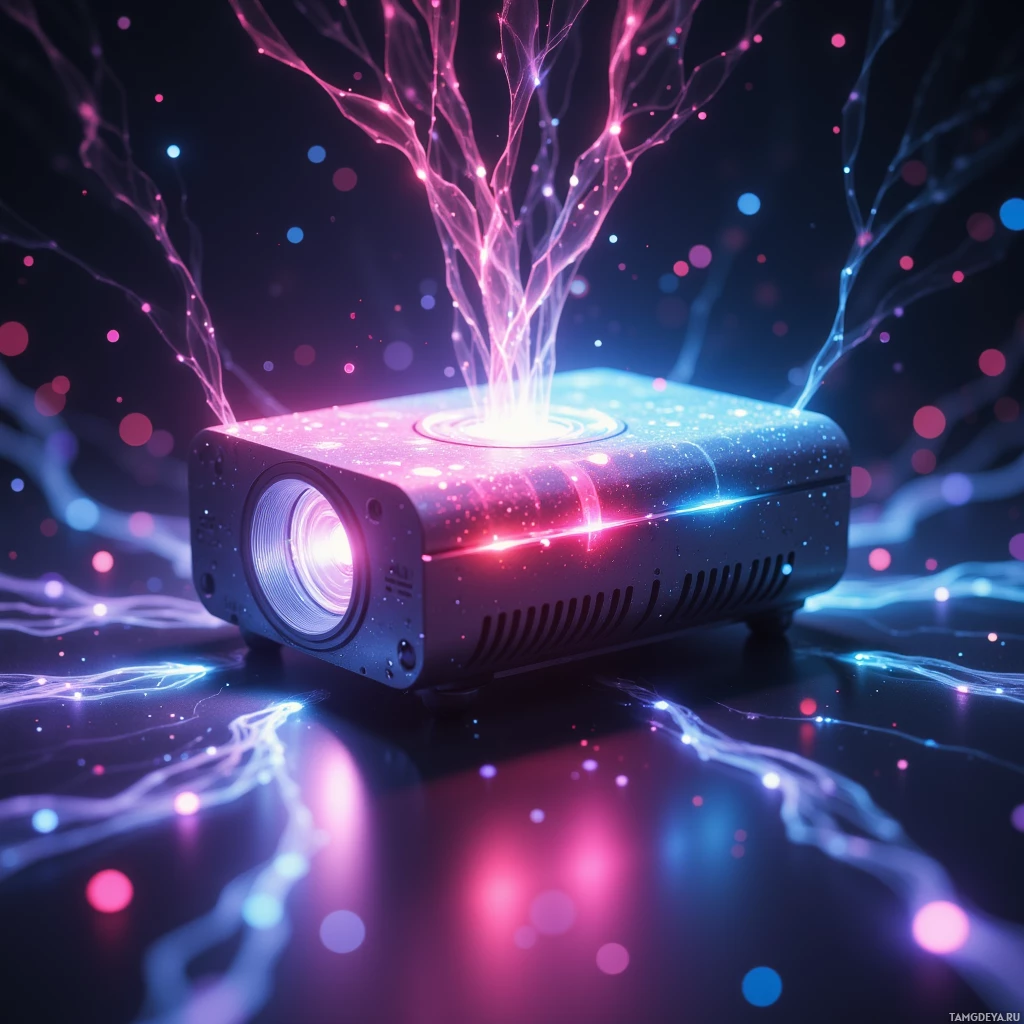 A projector emitting vibrant, colorful light effects against a dark background.