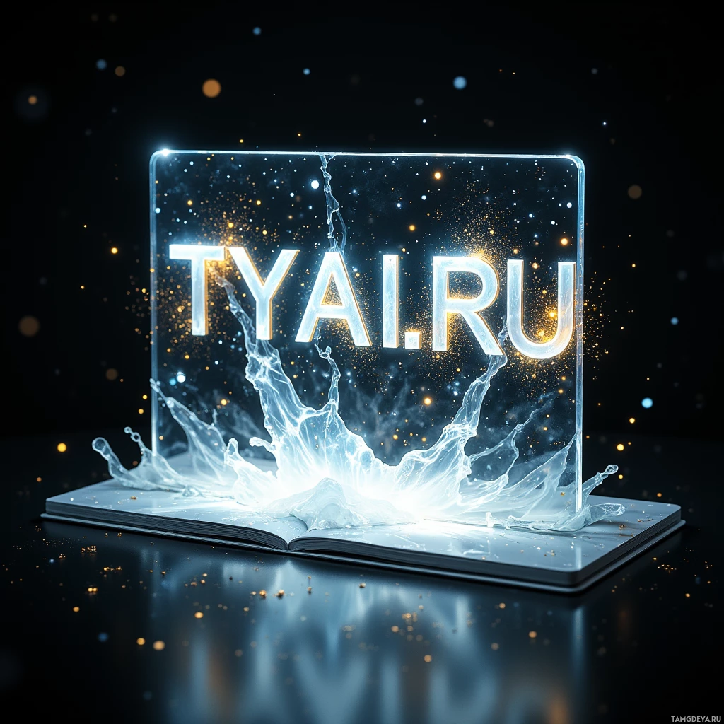 A glowing, dynamic image of "TYAI.RU" with splashes of light and energy emanating from an open book.