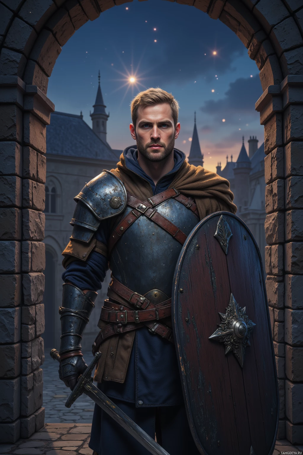 A knight in armor stands in a stone archway, holding a sword and shield, with a castle in the background.