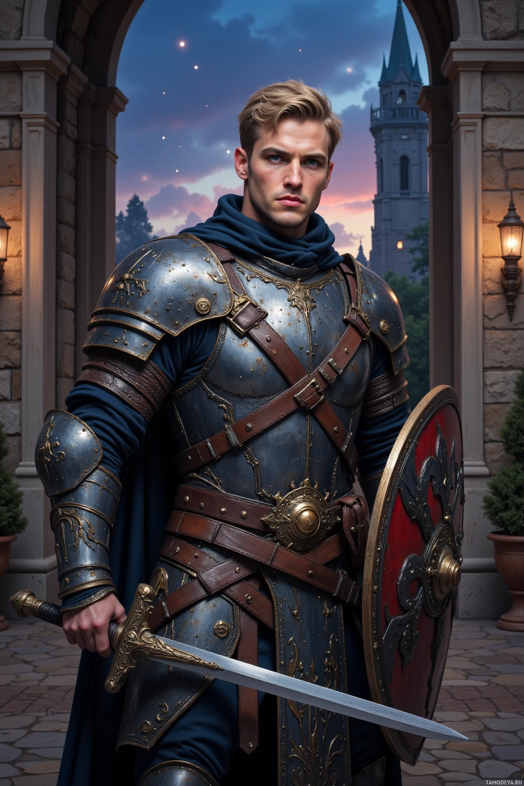 A knight in armor stands with a sword and shield against a castle backdrop at dusk.