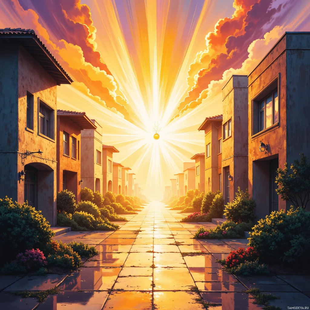 A sunlit street lined with houses and lush greenery.