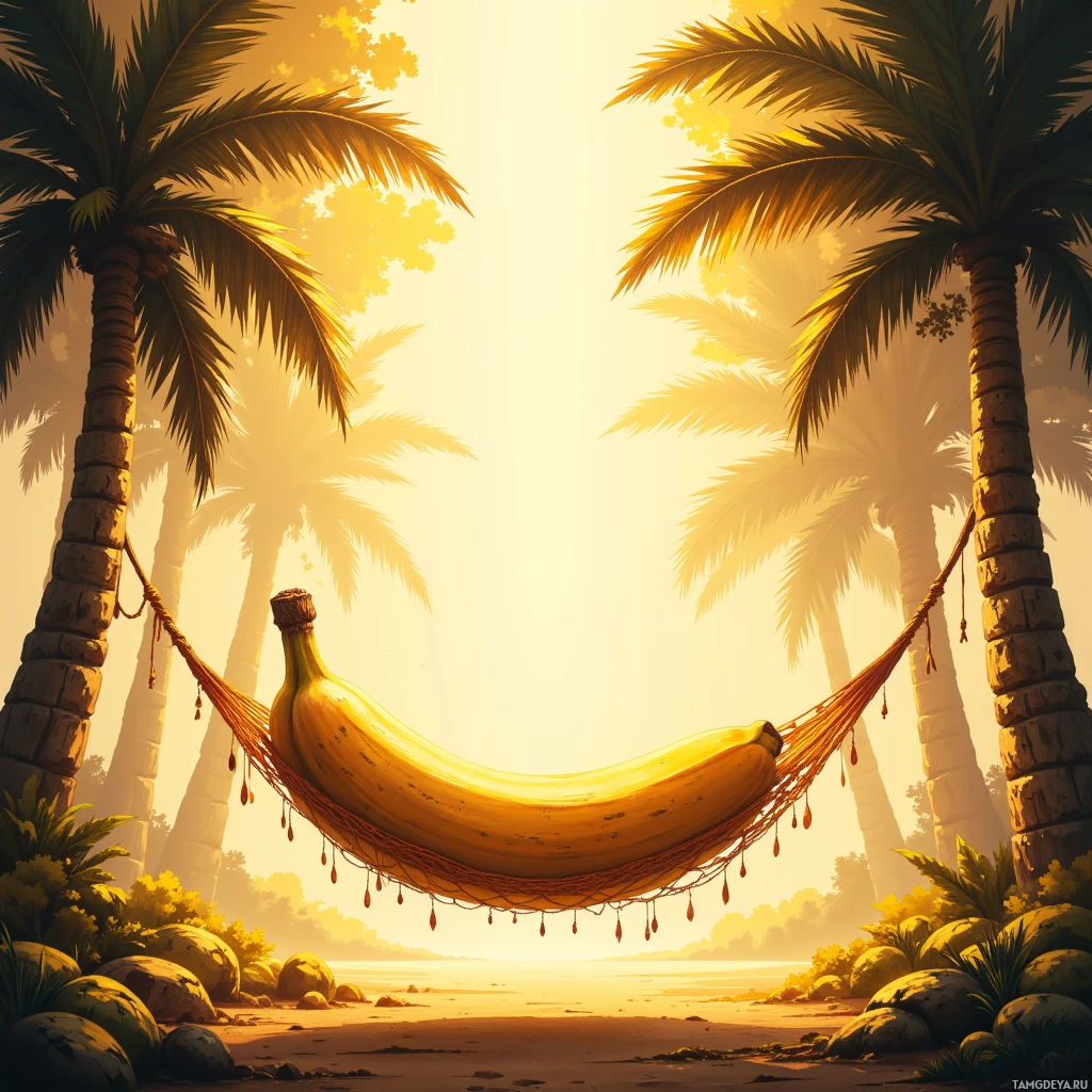 A banana rests in an orange hammock between palm trees on a serene beach at sunset.