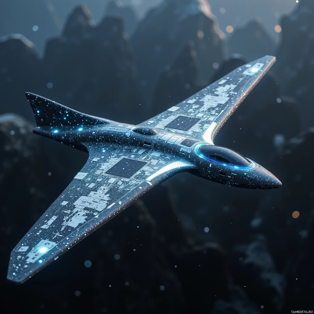 A futuristic aircraft with glowing blue lights and circuit-like patterns on its body soars against a dark, mountainous backdrop.