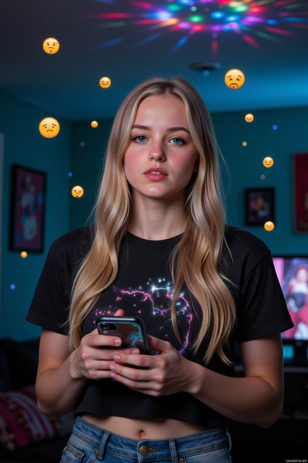 A person wearing a black t-shirt with a cosmic design holds a phone, with colorful lights and emoji faces floating around them.