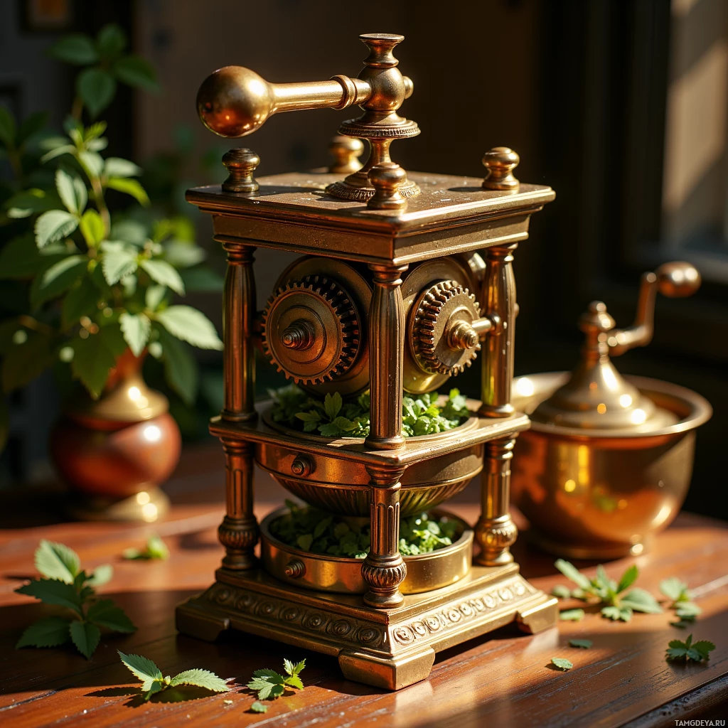 A vintage brass coffee grinder with gears and a hand crank sits on a wooden table surrounded by greenery.