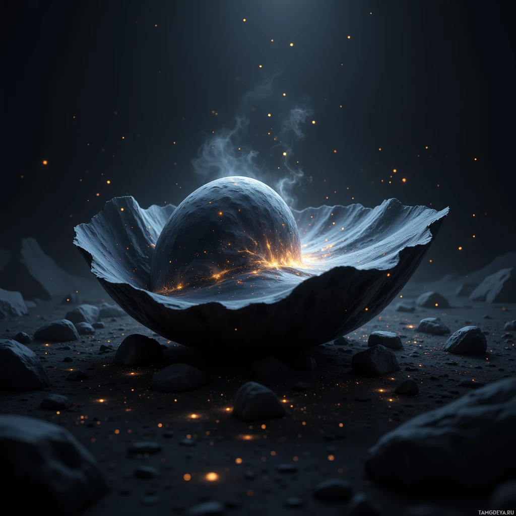 A glowing, fiery sphere rests in a cracked, rocky bowl amidst a dark, starry landscape.