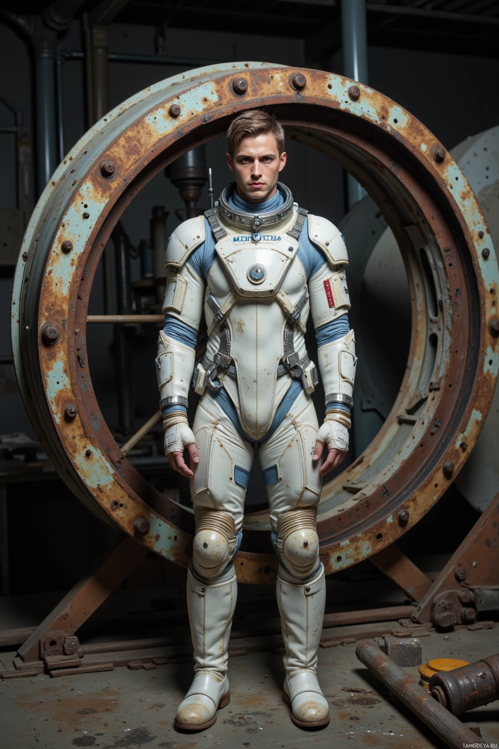 A person in an astronaut suit stands inside a rusted circular structure.