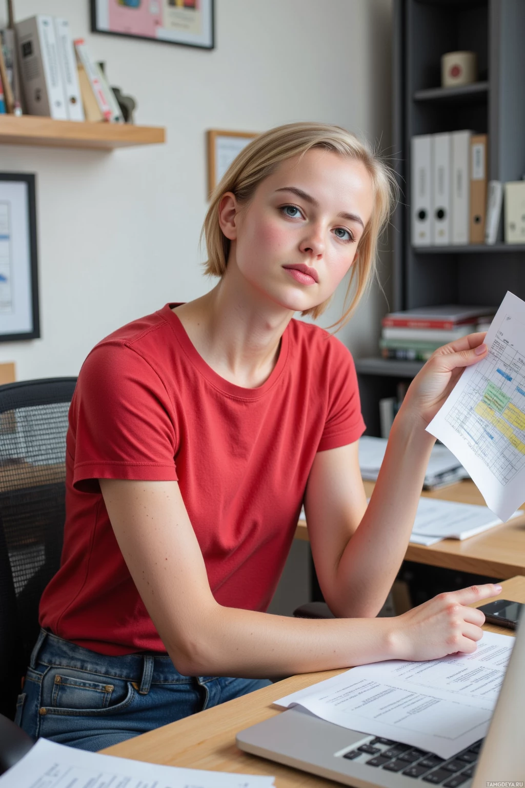 A person in a red shirt sits at a desk with papers and a laptop, holding a document.