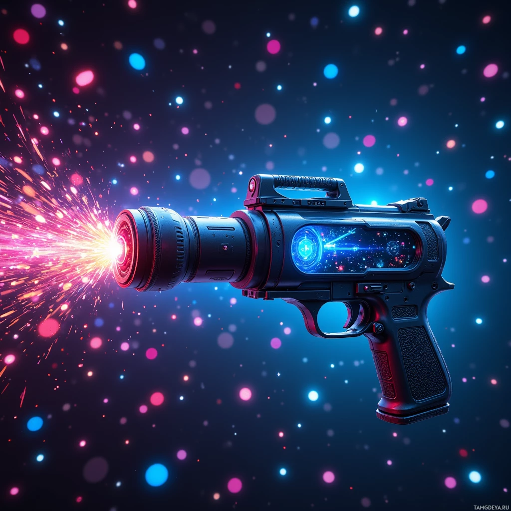 A futuristic blaster emitting a burst of colorful energy against a starry background.
