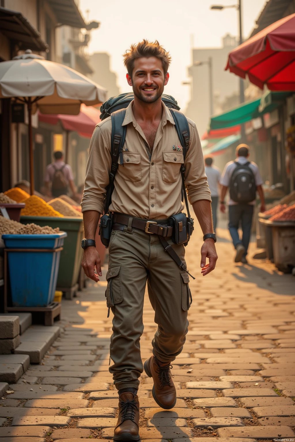A man in a safari-style outfit walks through an outdoor market with colorful stalls and umbrellas.