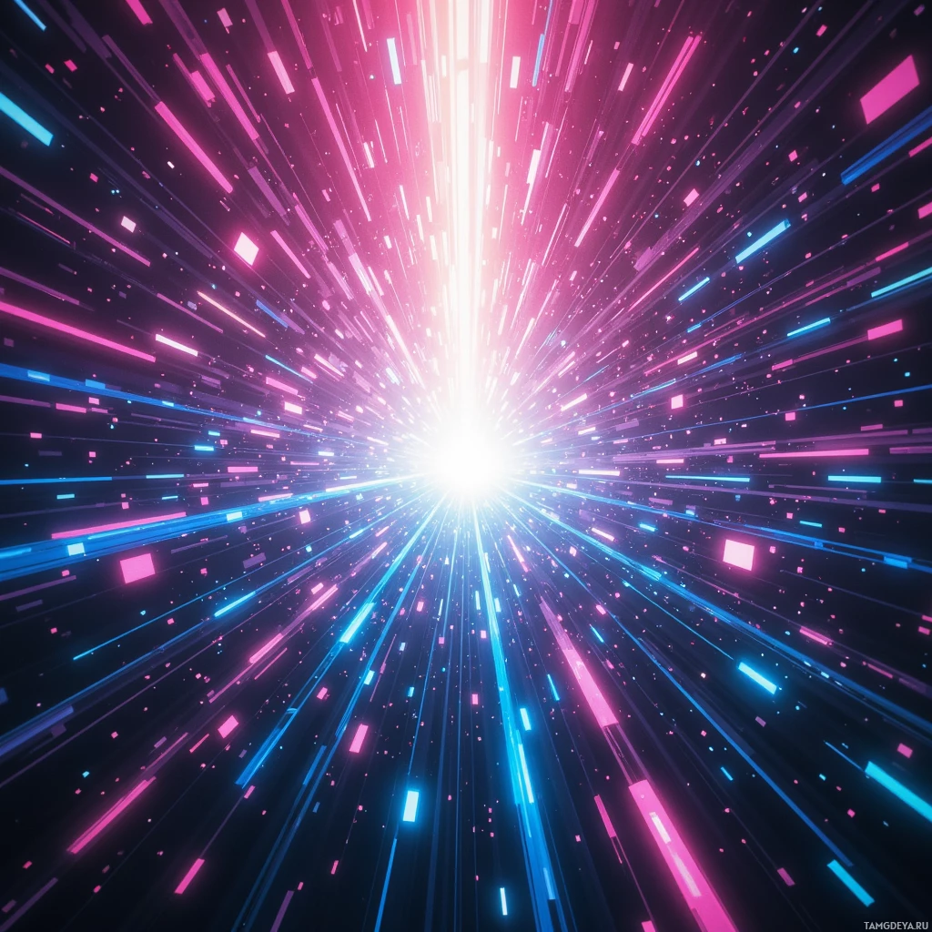 A vibrant, abstract image featuring streaks of pink and blue light radiating outward from a bright center.