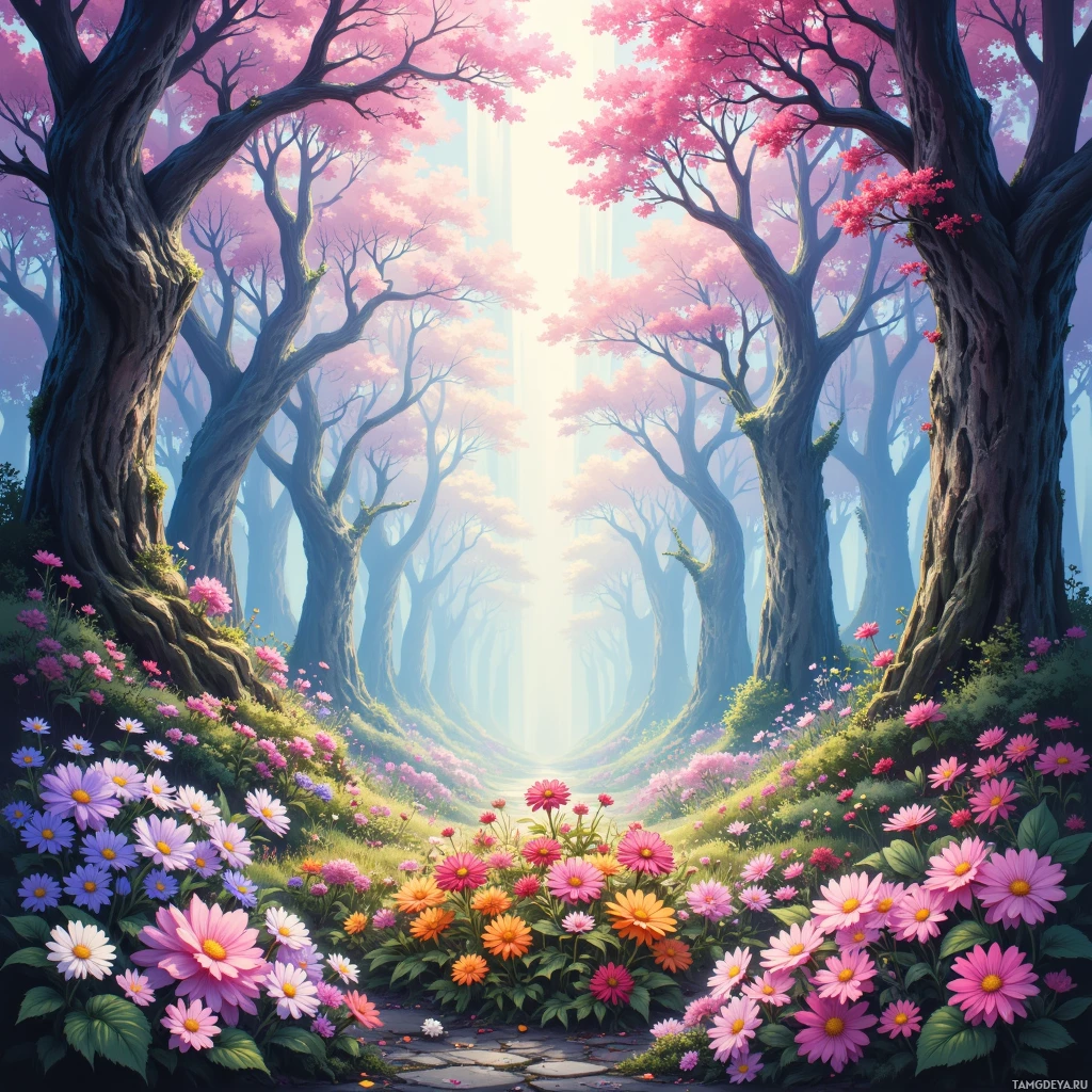 A vibrant forest scene with tall trees and colorful flowers.