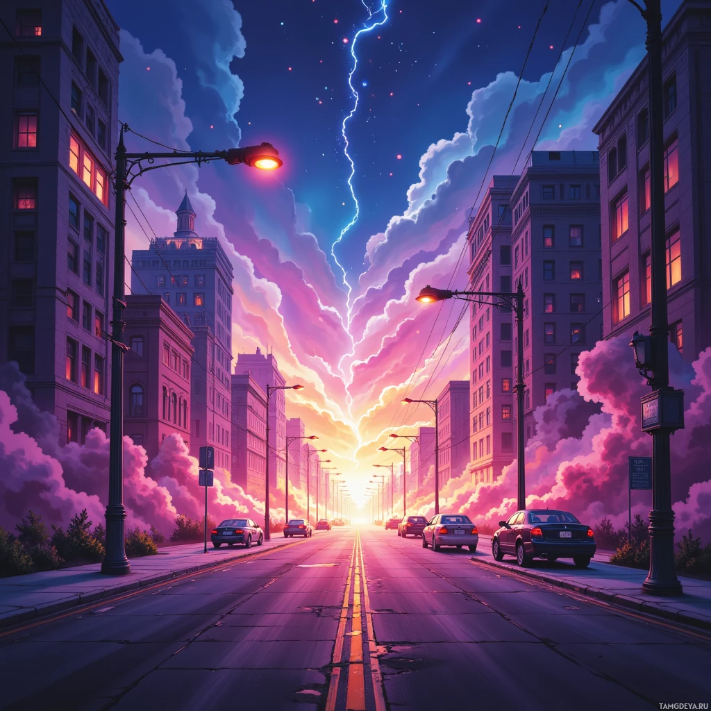 A vibrant city street at dusk with a dramatic lightning strike in the sky.