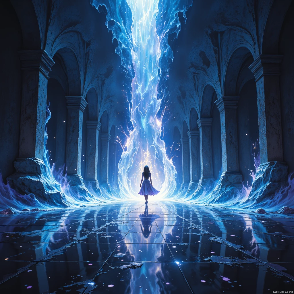 A figure stands before a glowing portal in a grand, archway-lined hall.