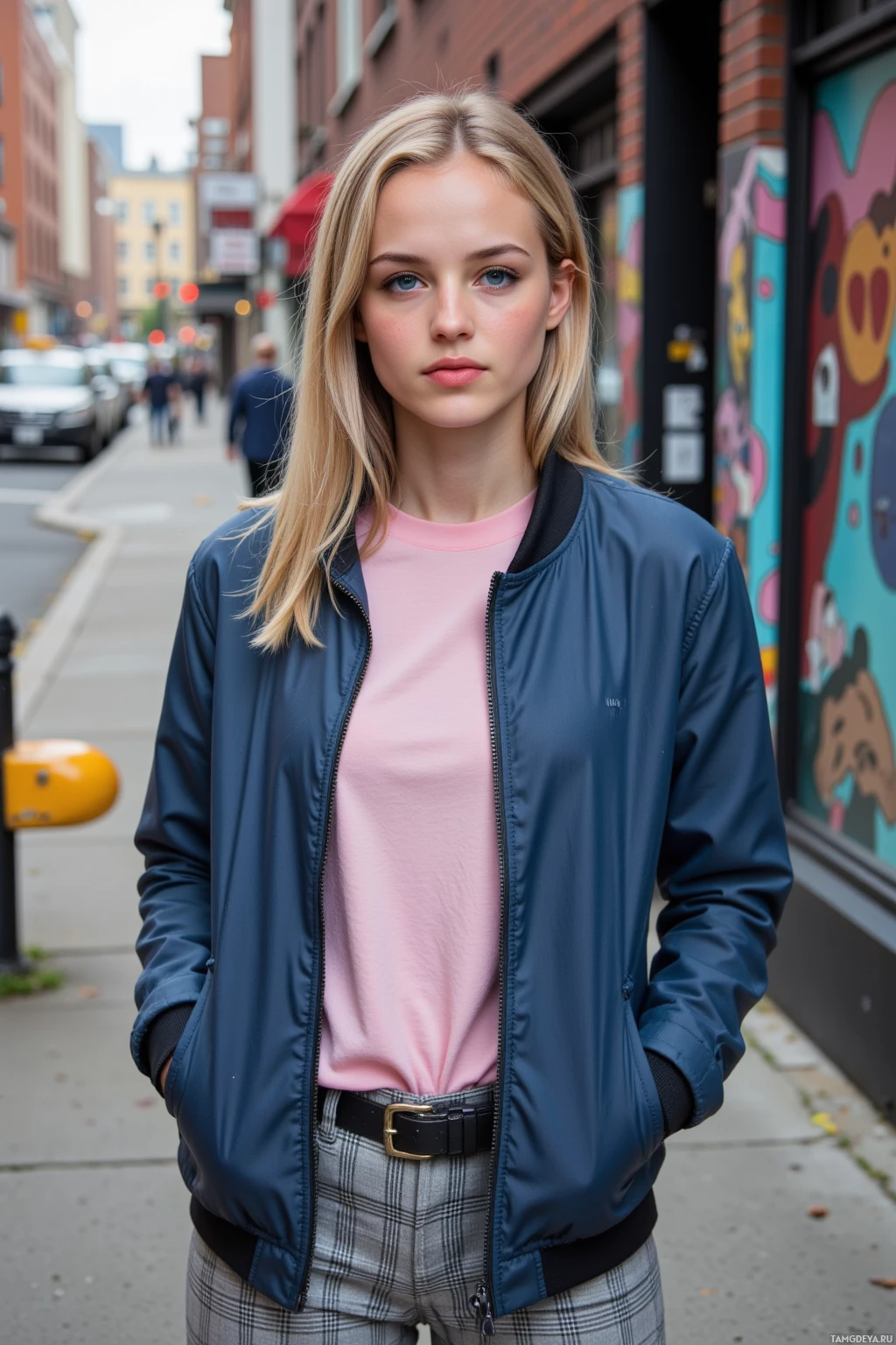 A person stands on a city sidewalk wearing a blue bomber jacket over a pink shirt and plaid pants.