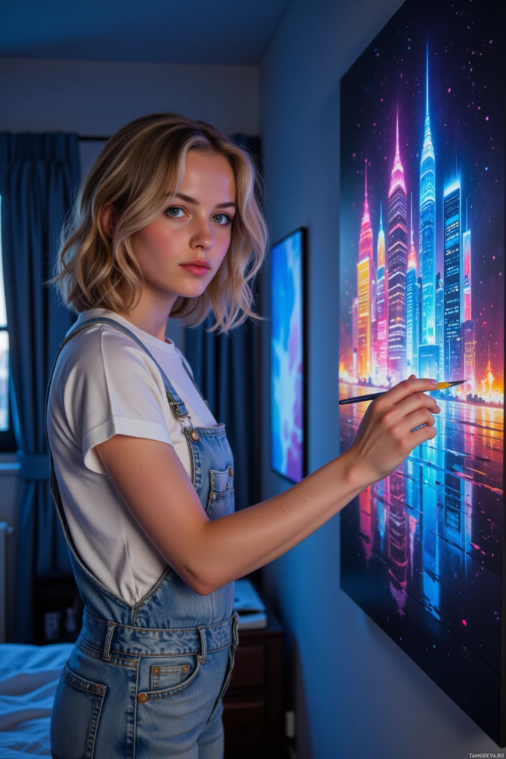 A person wearing a white shirt and denim overalls is painting a vibrant cityscape on a canvas.