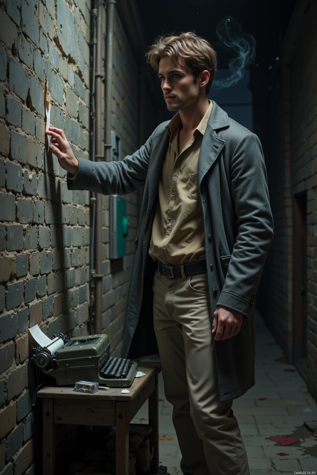 A man in a trench coat stands in an alley, holding a piece of paper against a brick wall.