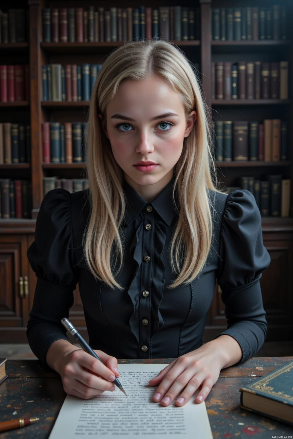 A person in a black blouse sits at a desk with books, holding a pen and looking at a piece of paper.