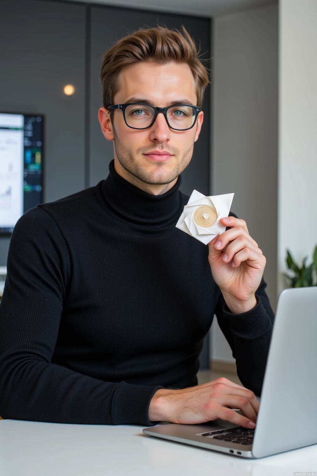 A person wearing glasses and a black turtleneck sweater holds up an origami flower while typing on a laptop in an office setting.
