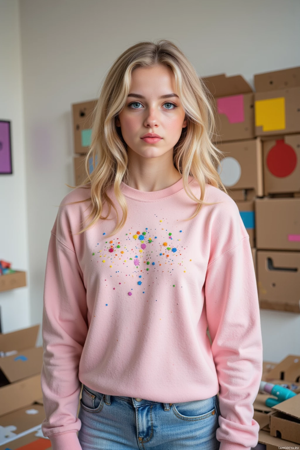 A person wearing a pink sweatshirt with colorful sprinkles stands in front of stacked cardboard boxes.
