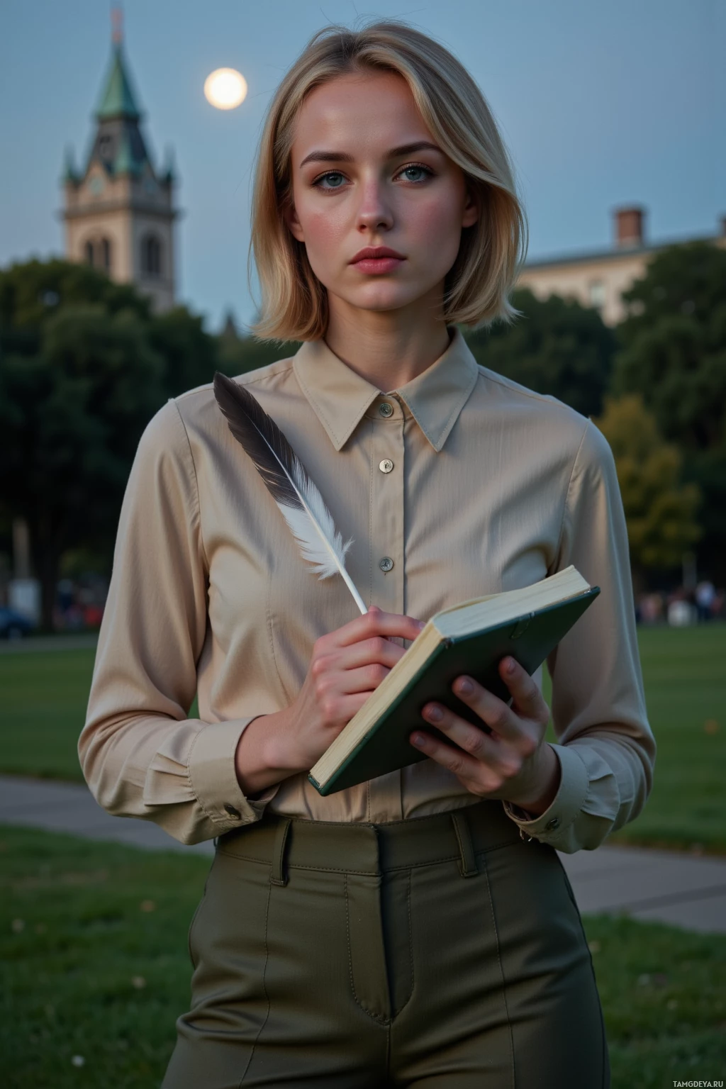 A person in a beige shirt and olive green pants holds a quill and notebook, standing outdoors with a church tower and full moon in the background.
