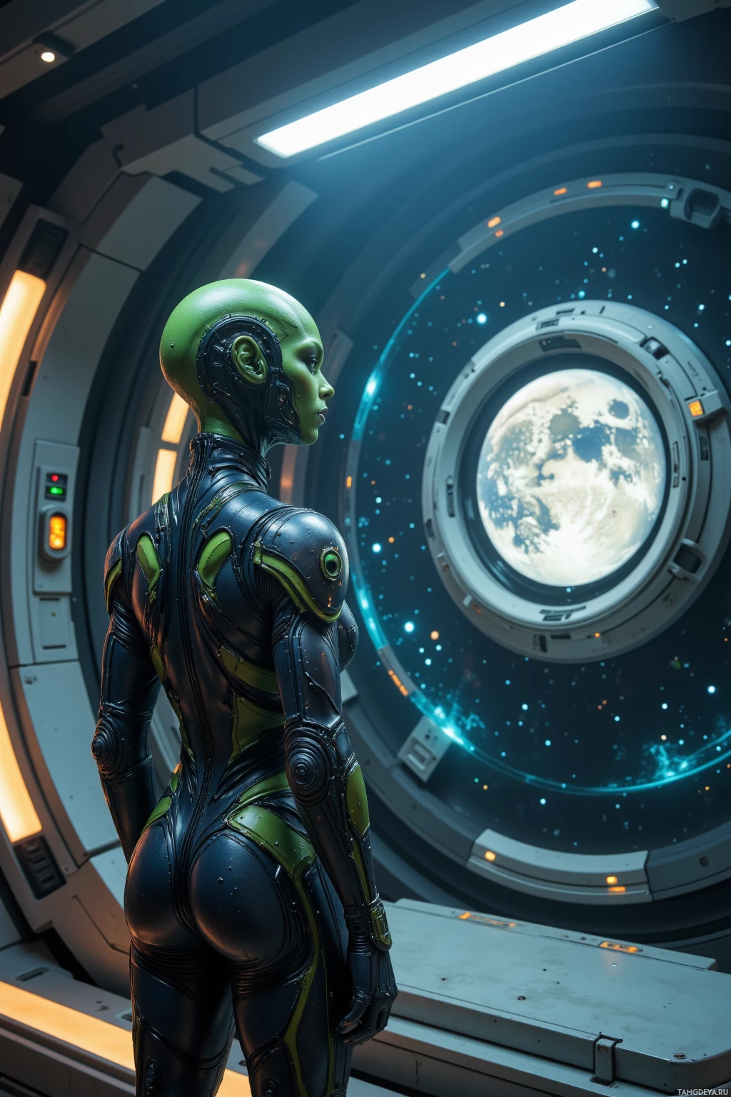 A humanoid figure in futuristic attire stands inside a spacecraft, gazing out at Earth through a large circular window.