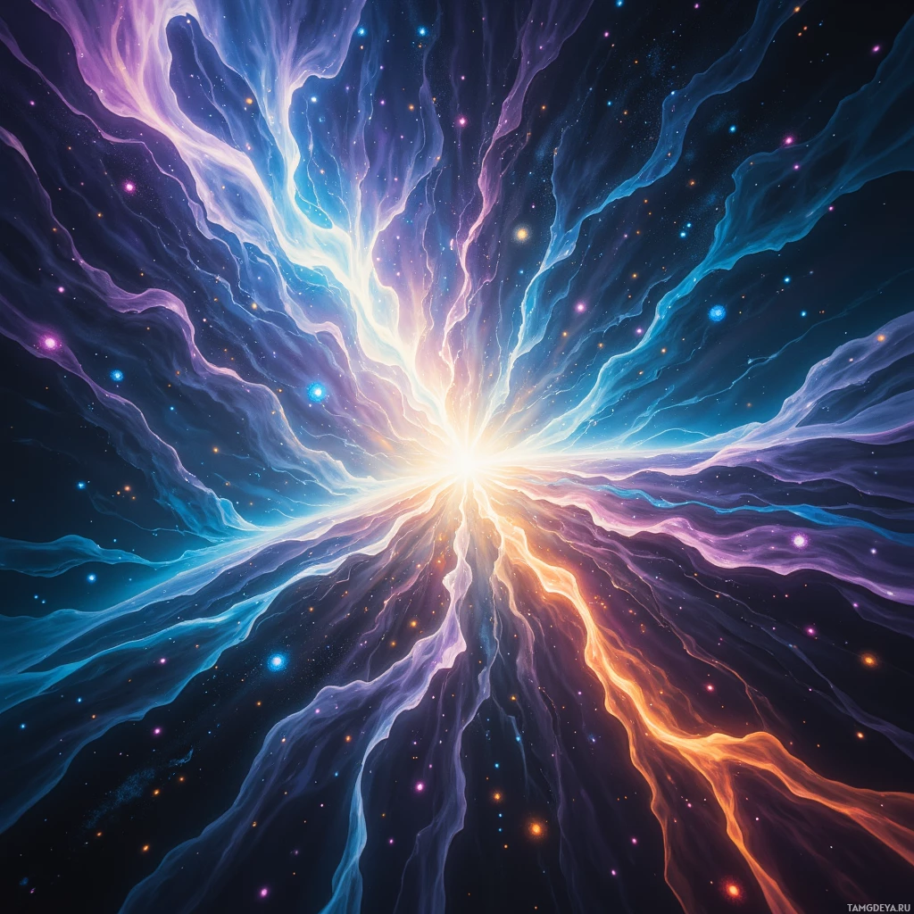 A vibrant cosmic explosion with swirling colors and bright stars against a dark background.