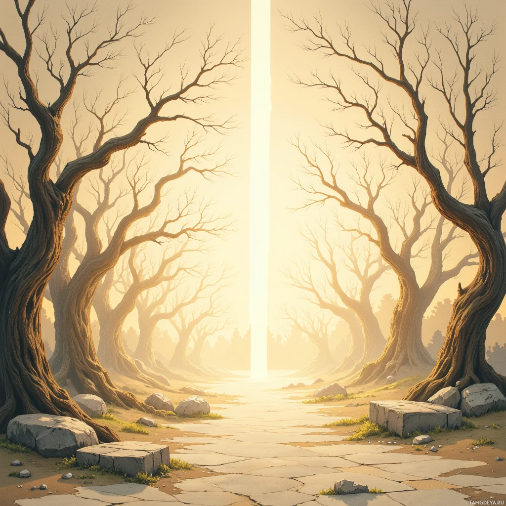 A serene forest scene with bare trees and a bright light source in the distance.