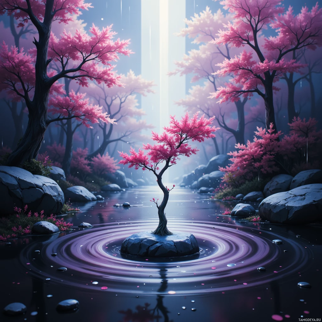 A serene scene featuring a small tree with vibrant pink blossoms surrounded by rocks and water, with a light beam shining through the trees in the background.