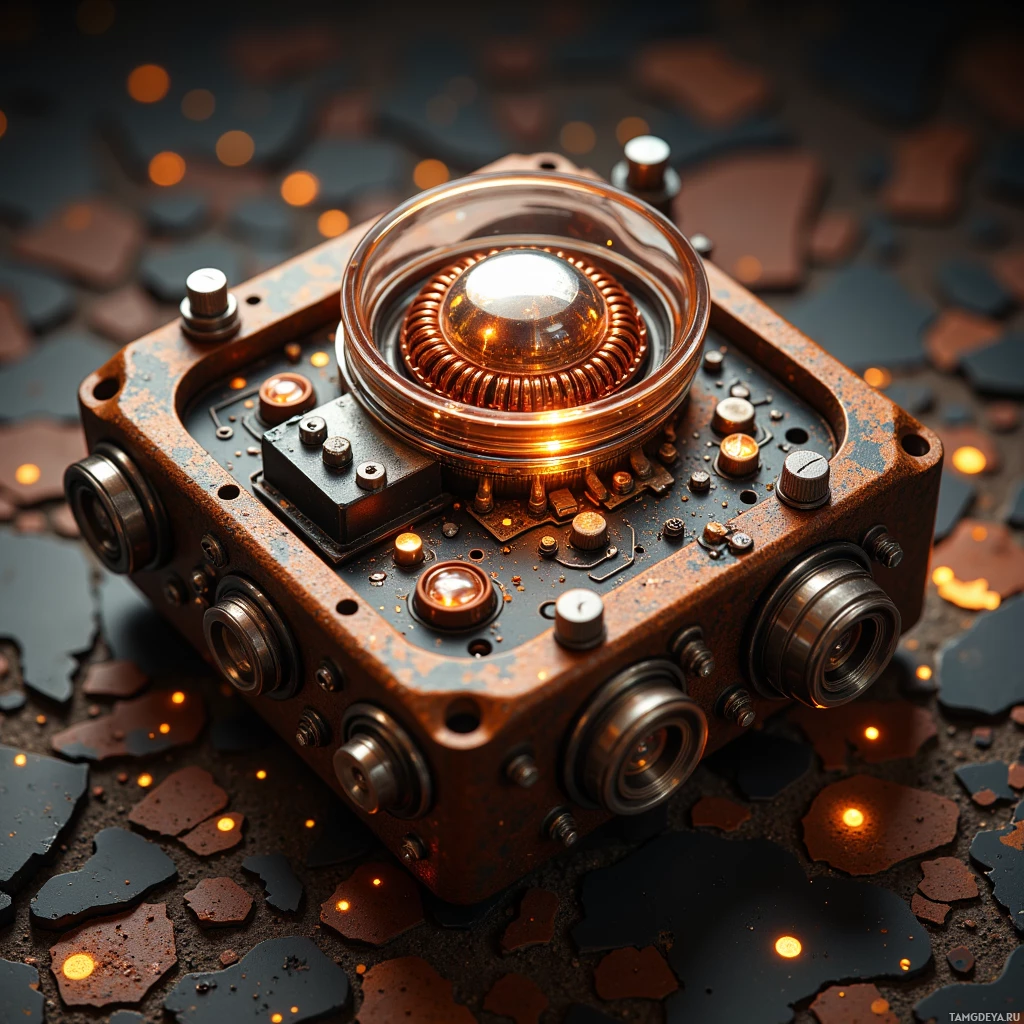 A close-up of a rusted, intricate device with glowing elements and metallic components.