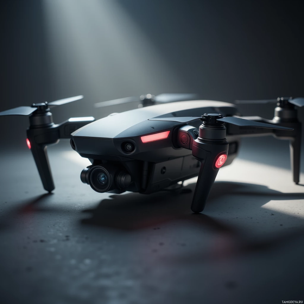 A sleek black drone with red lights and visible propellers is shown in a dimly lit environment.