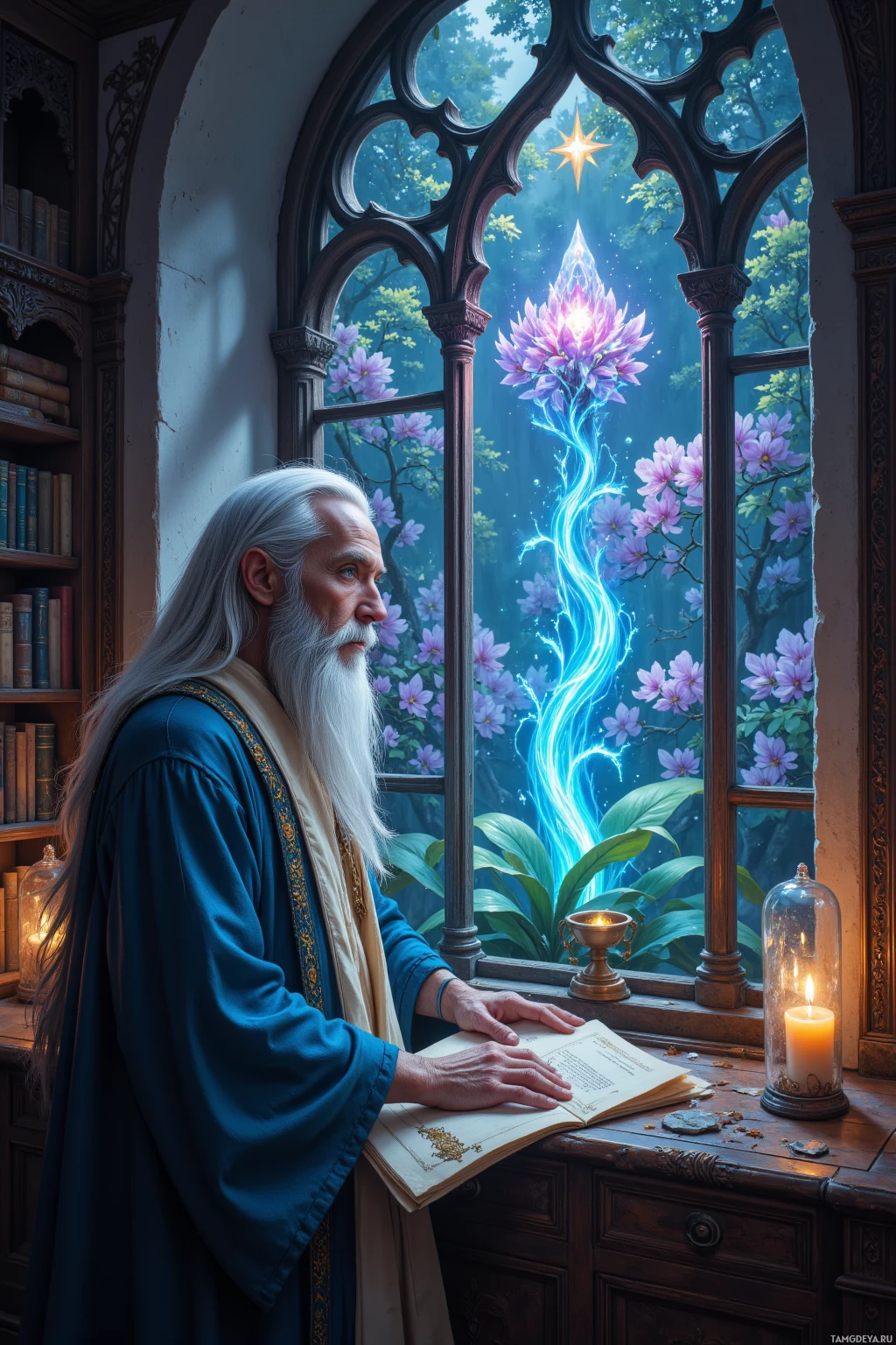 An elderly man with long white hair and beard stands by an ornate window, reading from an open book while a glowing purple flower with blue energy streams rises outside.