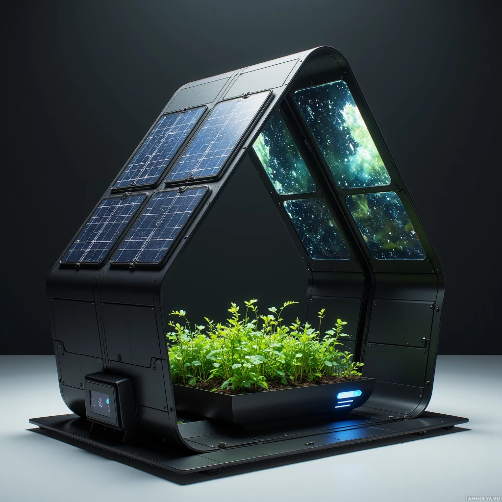 A futuristic greenhouse with solar panels and a glowing display panel at its base.