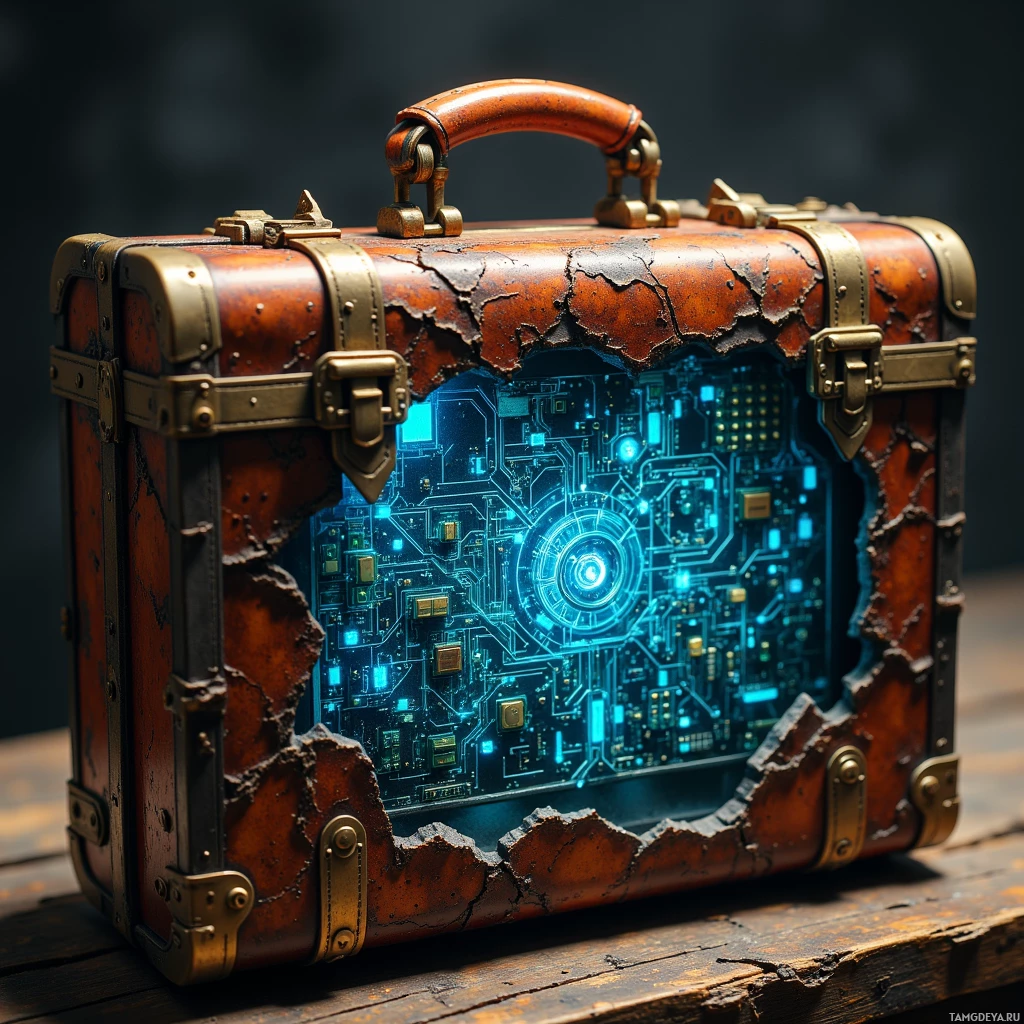 A vintage suitcase with a glowing blue circuit board design inside.