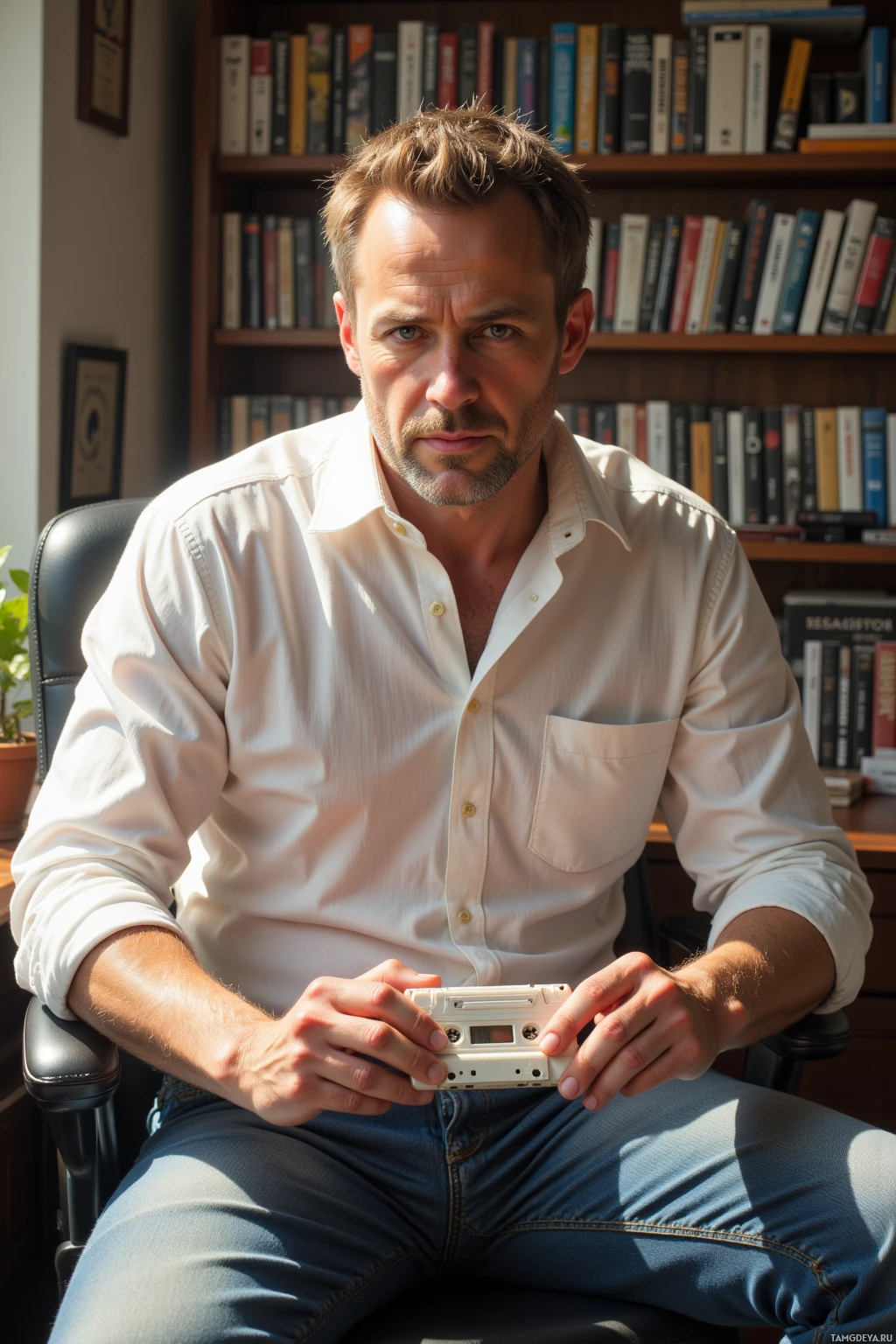 A person in a white shirt and jeans sits in a chair, holding a cassette tape.