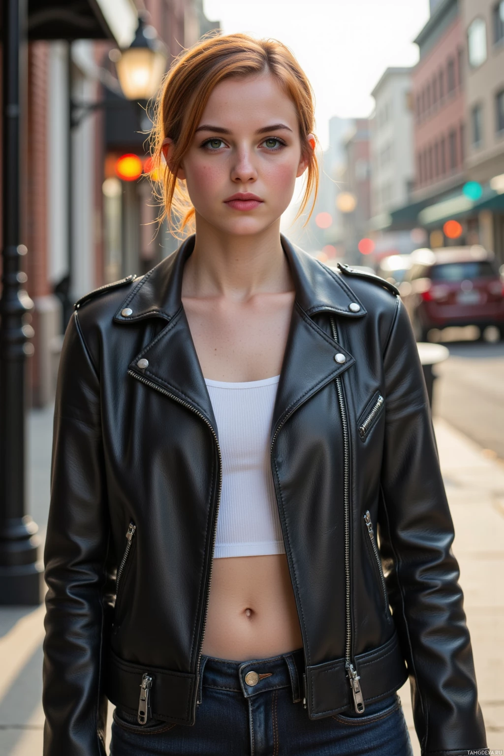 A person wearing a black leather jacket and a white top stands on a city street.