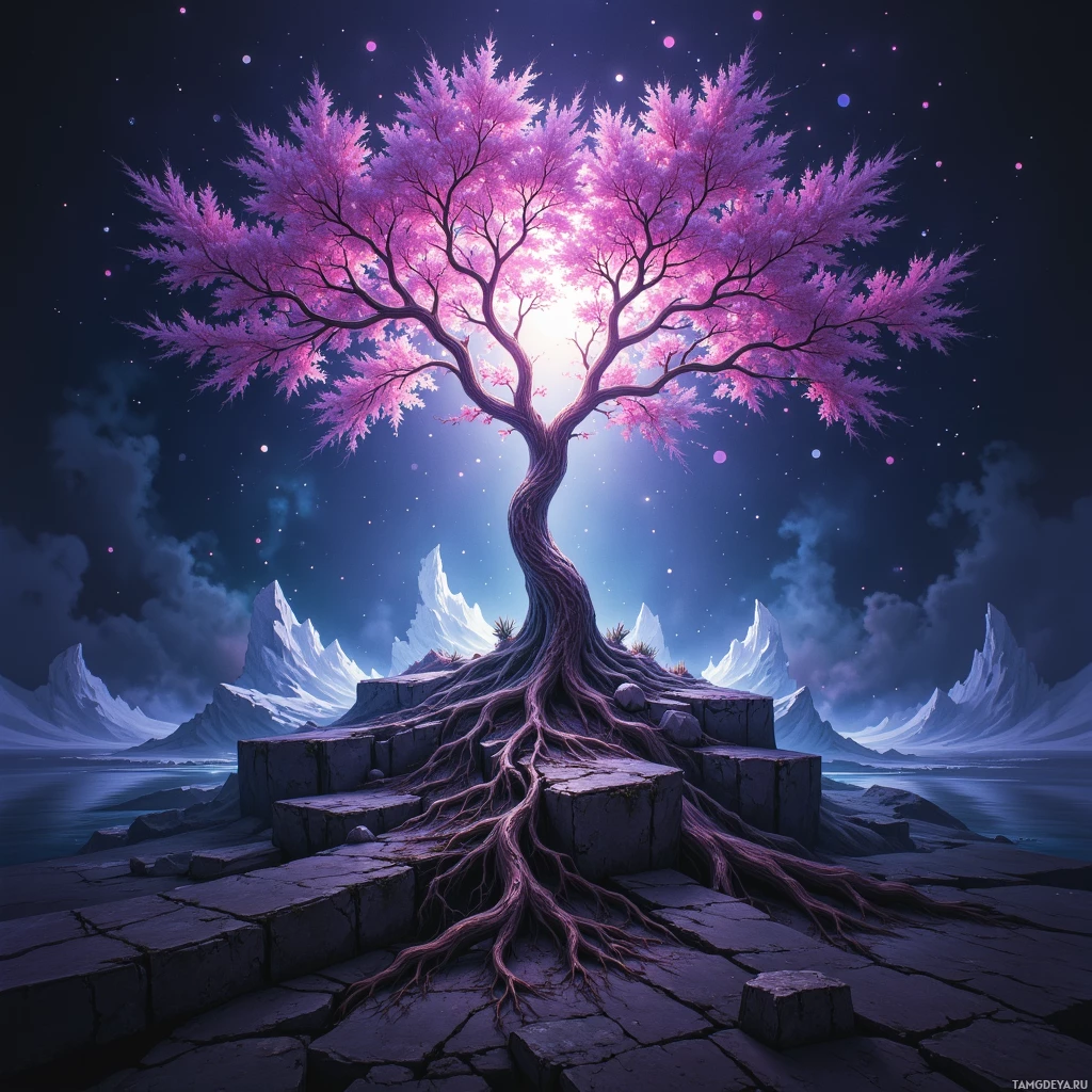 A glowing tree with pink blossoms stands on rocky terrain against a starry night sky.