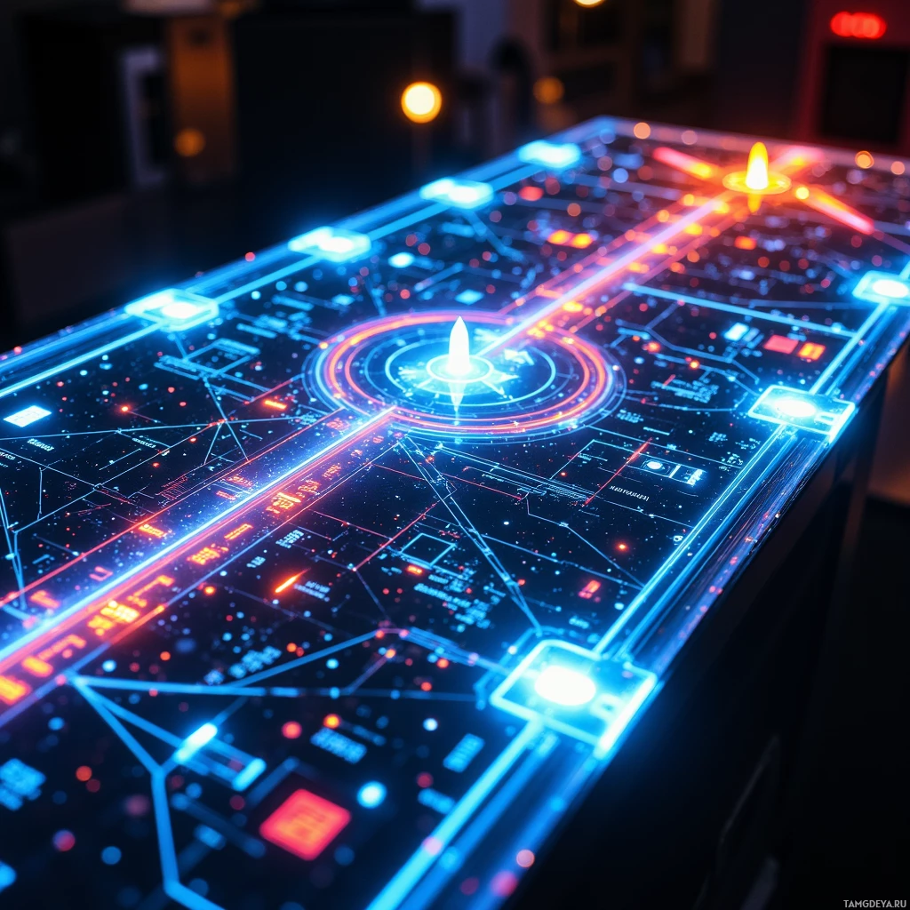 A futuristic control panel with glowing blue and red lights.
