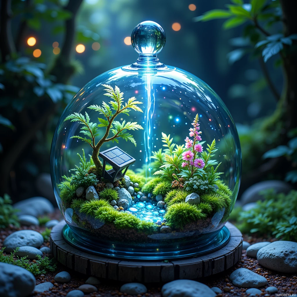 A miniature garden enclosed in a glass dome with vibrant plants and a solar panel.