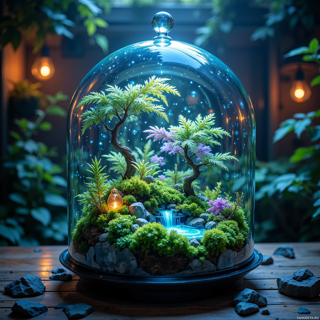 A miniature garden enclosed under a glass dome with a small waterfall and glowing lights.