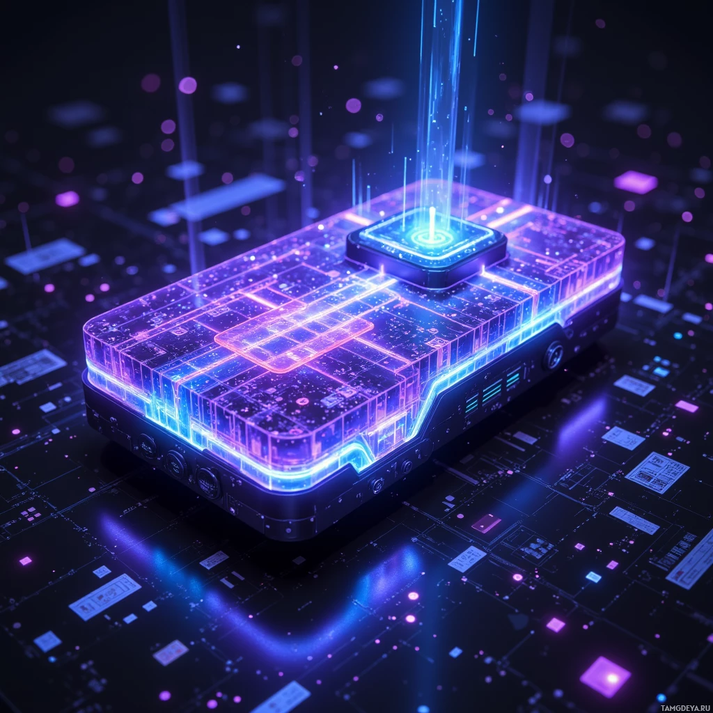 A futuristic, glowing circuit board with neon lights and a central processor.