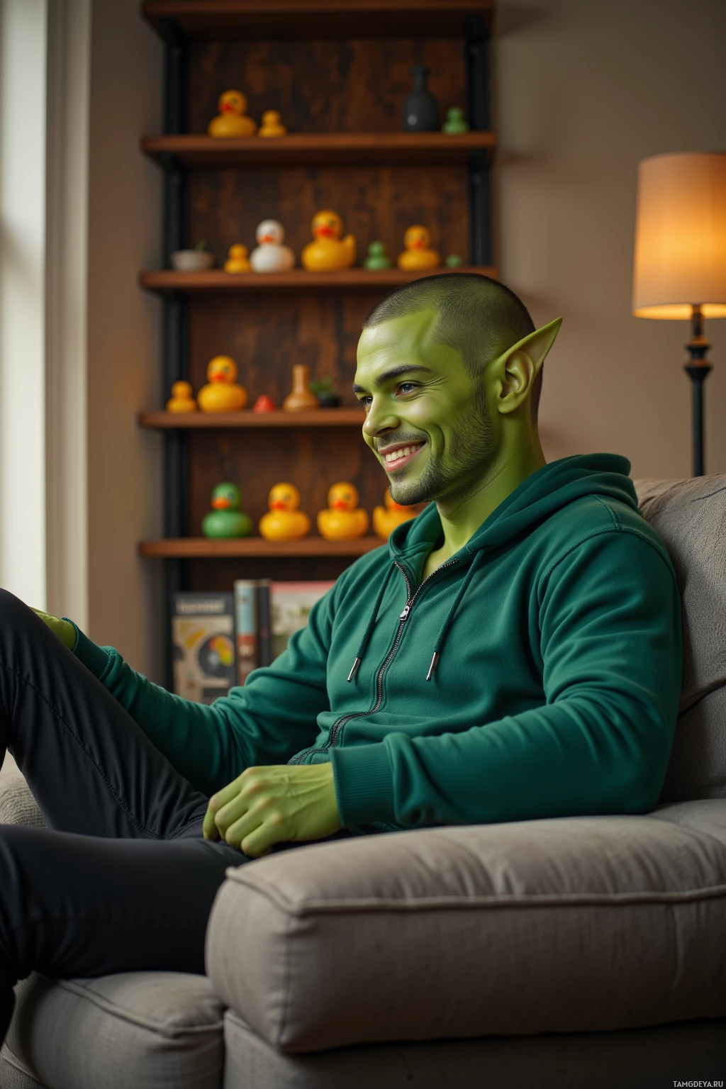 A person in green attire and elf-like ears sits on a couch with rubber ducks displayed on shelves behind them.