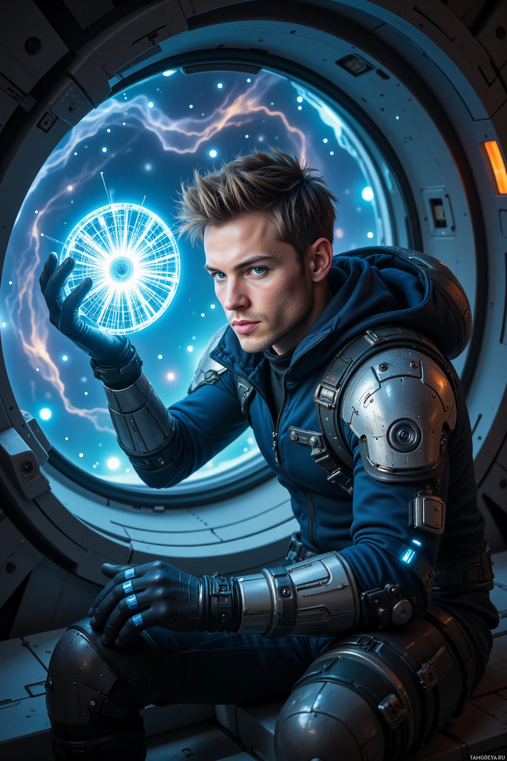 A person in futuristic armor sits inside a spacecraft, holding a glowing circular object with lightning effects visible through the window behind them.