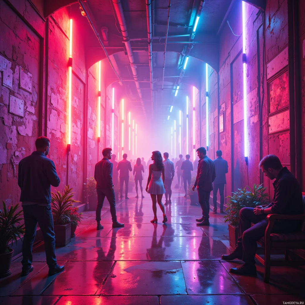 A neon-lit alleyway with people socializing and sitting on benches.